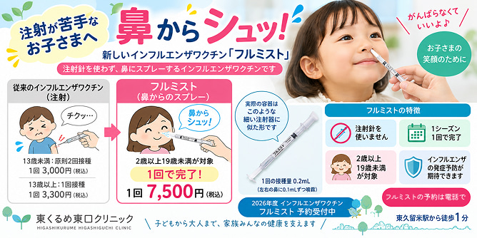 注射が苦手なお子さま向けの鼻スプレー式インフルエンザワクチン「フルミスト」予約受付中